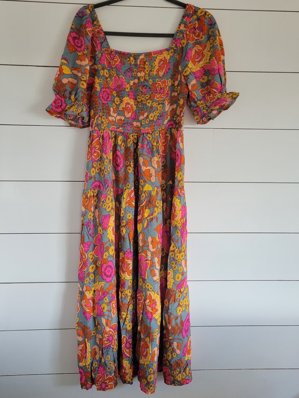 Floral Boho Maxi Dress with Puff Sleeves - Pink & Orange NEW